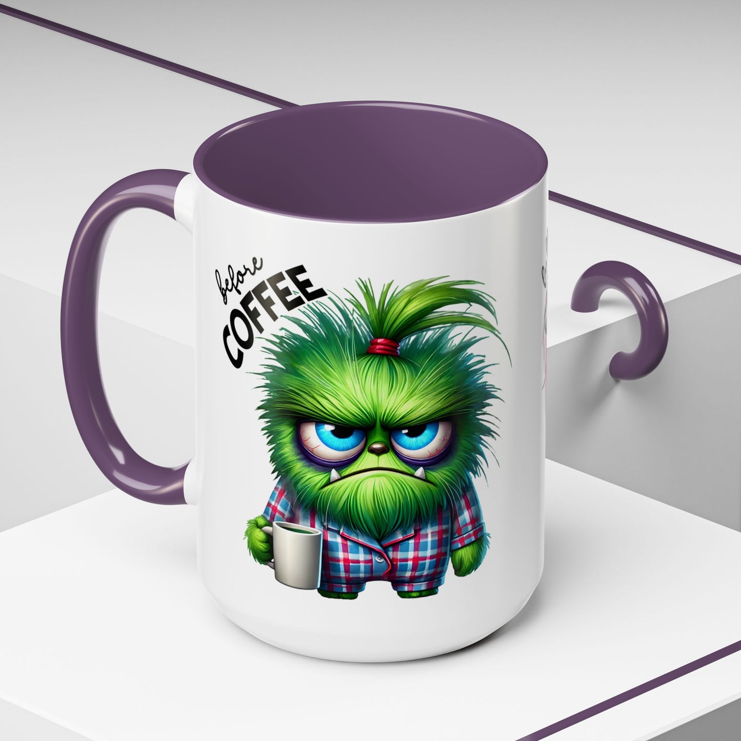 Accent Coffee Mug — "Scary Before Coffee, Extra Sparkly Cute After Coffee" Cute Girl Monster Coffee Mug (Girlfriend Gift)