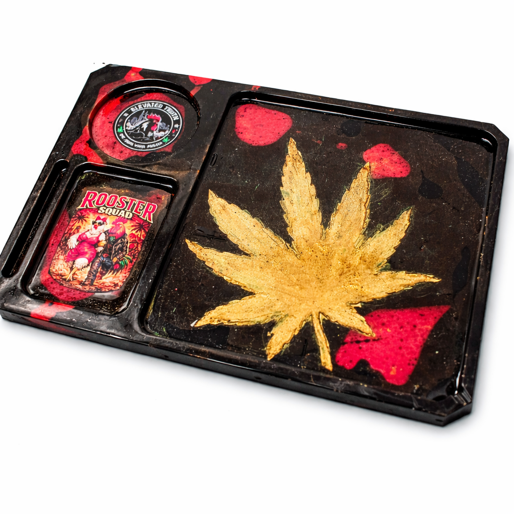 Rooster Squad Resin Rolling Tray – Handmade Gold Cannabis Leaf Tray with Red Resin Accents
