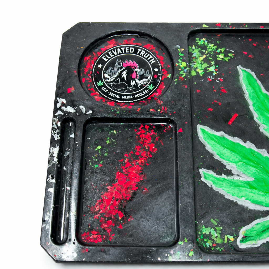 Elevated Truth Resin Rolling Tray – Handmade Cannabis Leaf Tray with Storage Compartments | Custom Smoke Station Tray