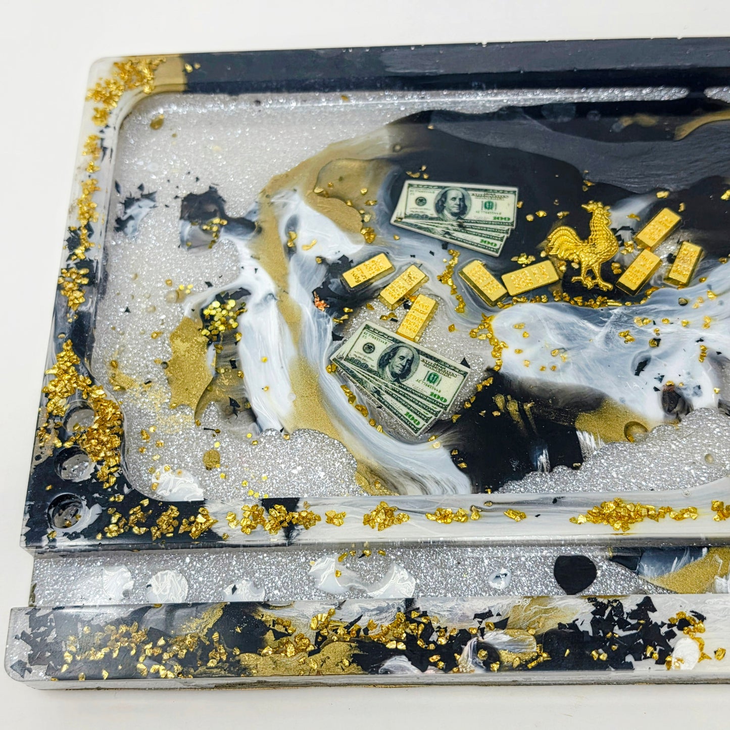 Handmade Resin Rolling Tray Set – Black White Gold Bar | $100 Bill & Gold Rooster | 3-Piece Set with Ashtray + Pipe Rest | Savage Studio Creations