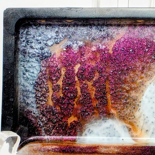Handmade Mini Resin Tray – Burgundy Black Peach Galaxy Pour | Hand Sized Unique Shape | Catch-All Trinket Tray | Savage Studio Creations