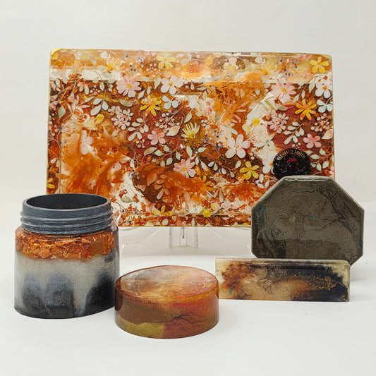 Handmade Resin Rolling Tray Set – Copper Grey White Floral | Give Without Remembering | 4-Piece with Jar Ashtray + Pipe Rest | Savage Studio Creations