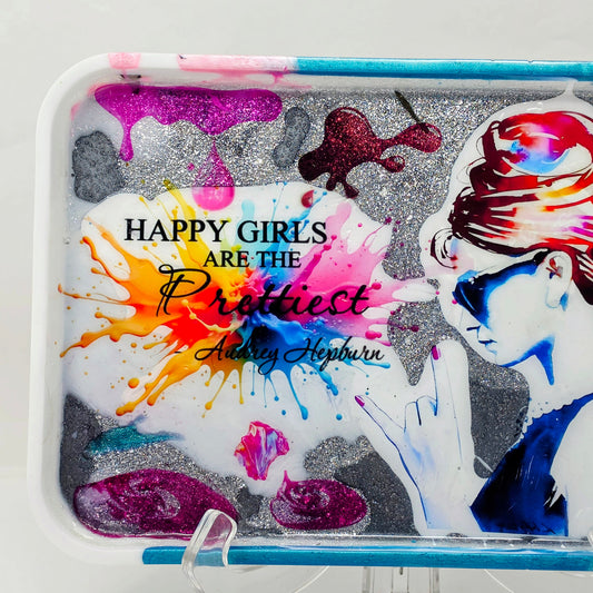 Handmade Resin Rolling Tray Set – Audrey Hepburn Happy Girls Are The Prettiest | Teal Pink Blue Splash | 3-Piece with Ashtray + Pipe Rest | Savage Studio Creations