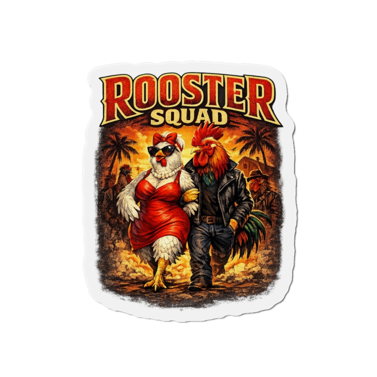 Rooster Squad Die-Cut Magnet — Retro Rockabilly Chicken Couple Refrigerator Sticker