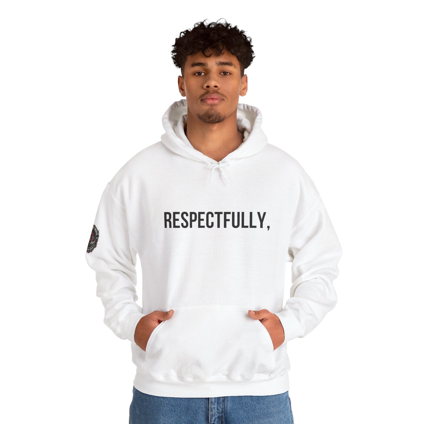 RESPECTFULLY, Hoodie — Minimalist White Pullover with 'RESPECTFULLY' Chest Print