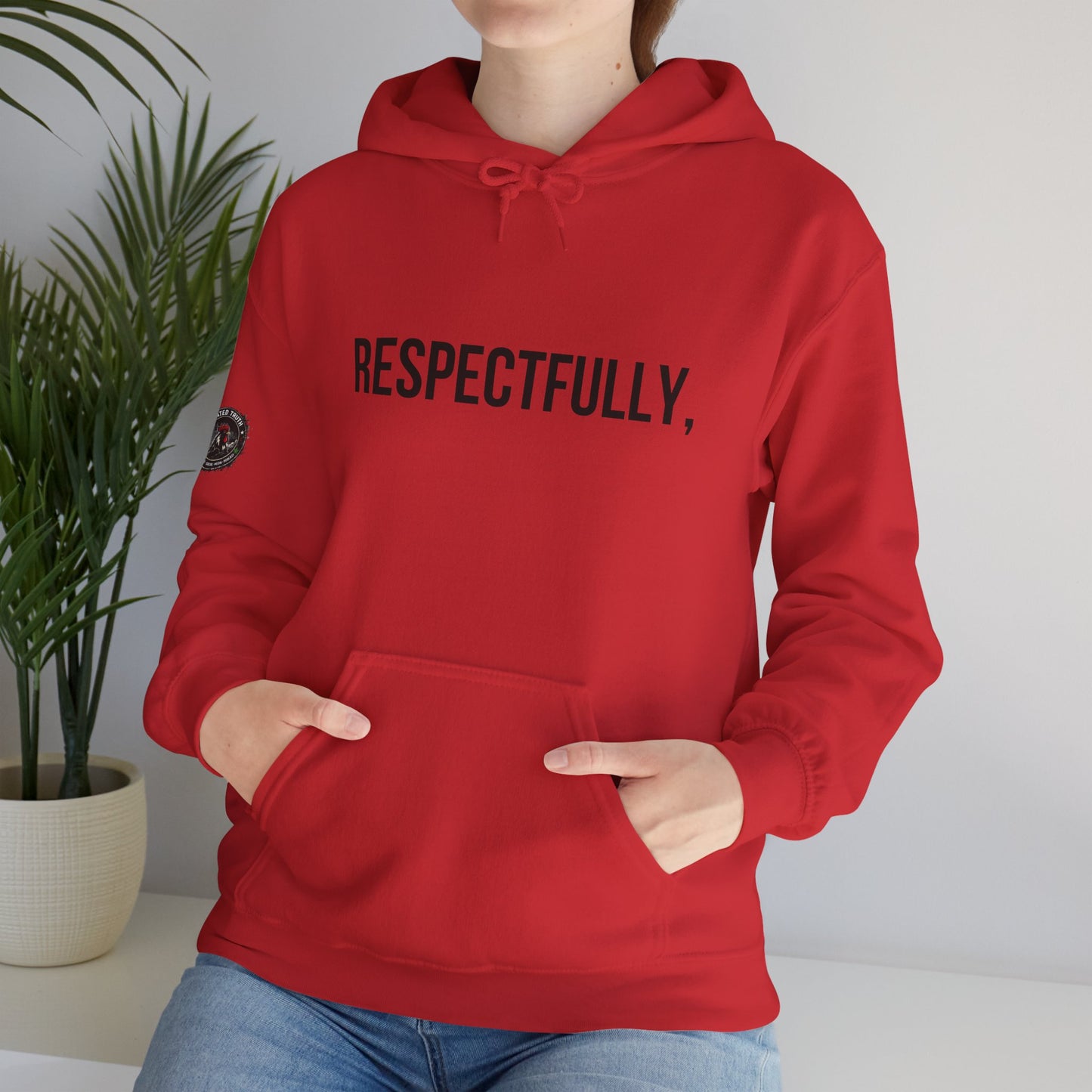 RESPECTFULLY, Hoodie — Minimalist White Pullover with 'RESPECTFULLY' Chest Print
