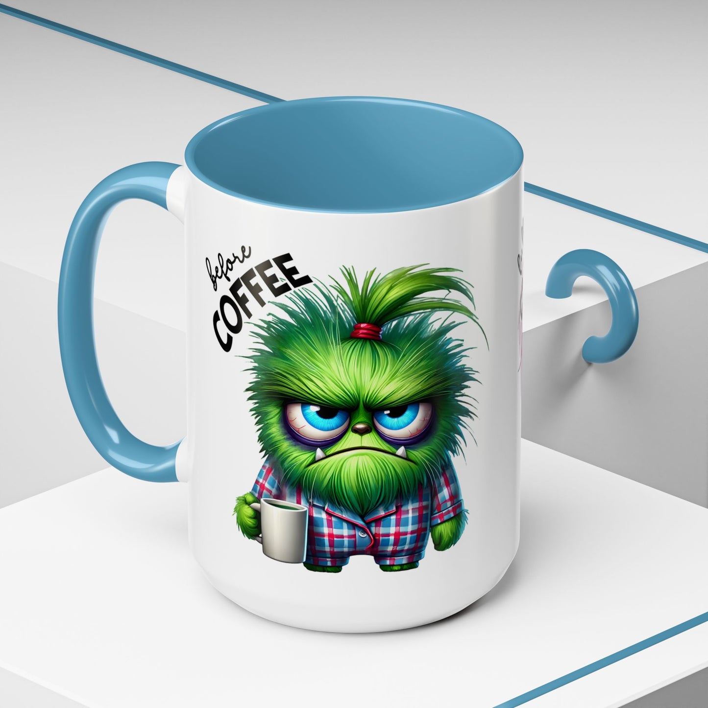 Accent Coffee Mug — "Scary Before Coffee, Extra Sparkly Cute After Coffee" Cute Girl Monster Coffee Mug (Girlfriend Gift)