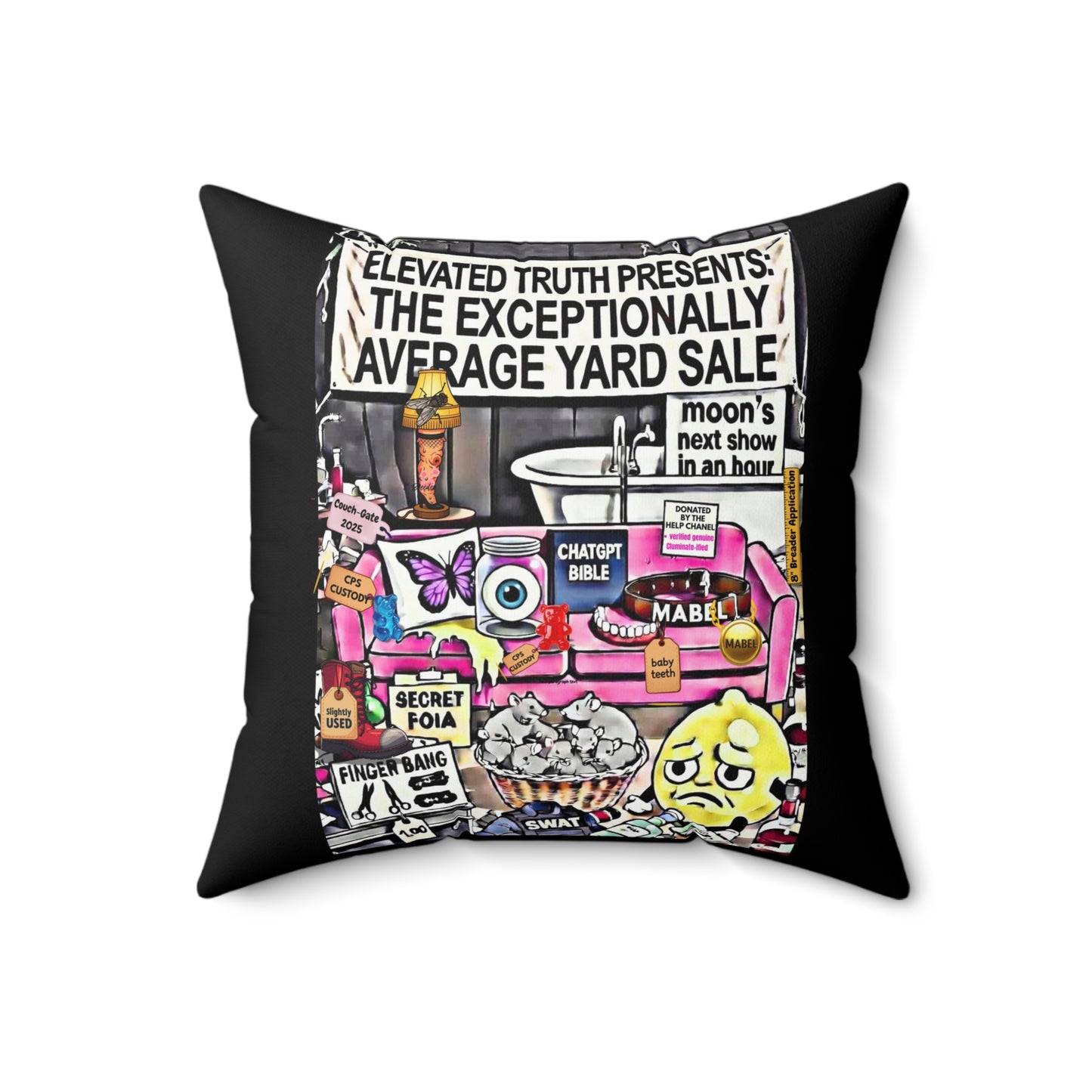 Funny Graphic Throw Pillow — "The Exceptionally Average Yard Sale" & Bold Red ET Logo