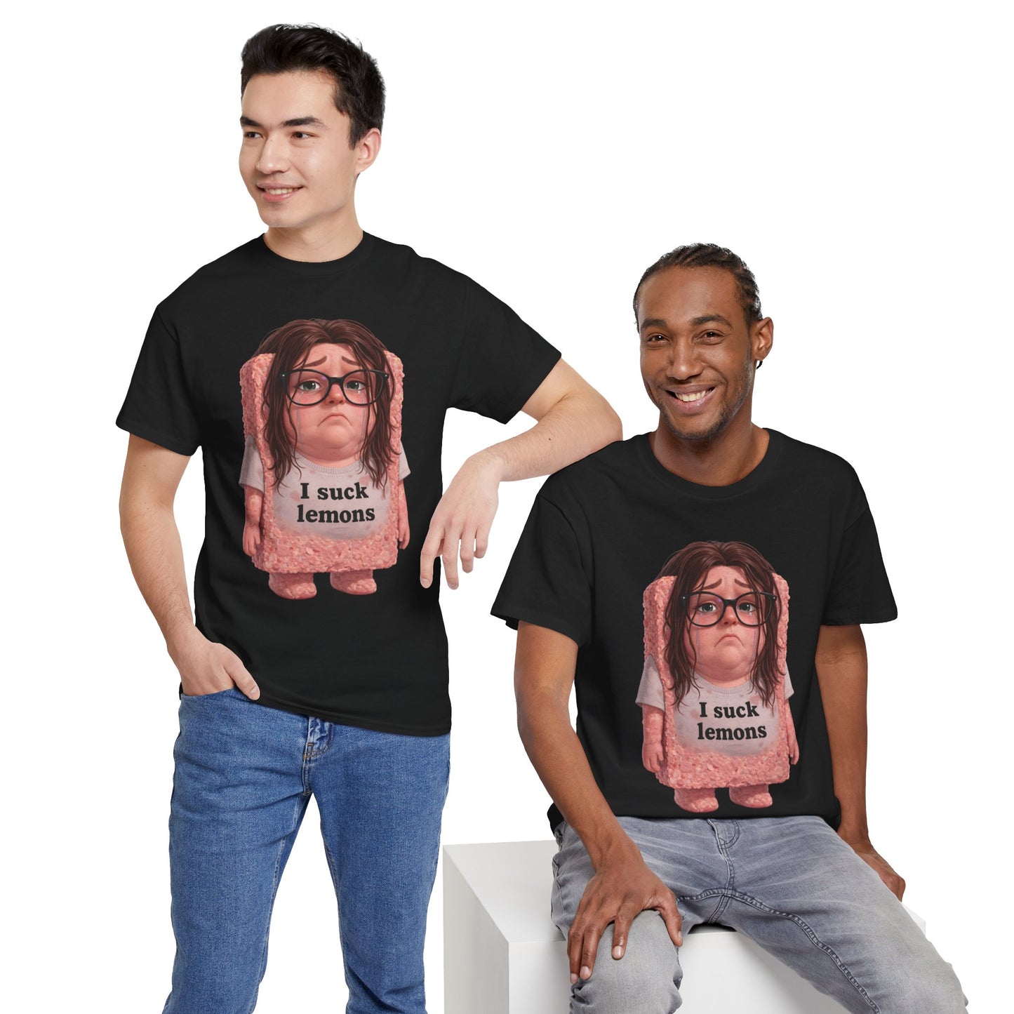 Graphic Tee — Cute Sad SPAM  Character with 'I suck lemons' Slogan