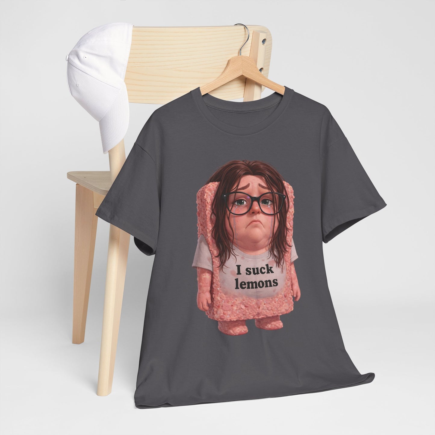 Graphic Tee — Cute Sad SPAM  Character with 'I suck lemons' Slogan