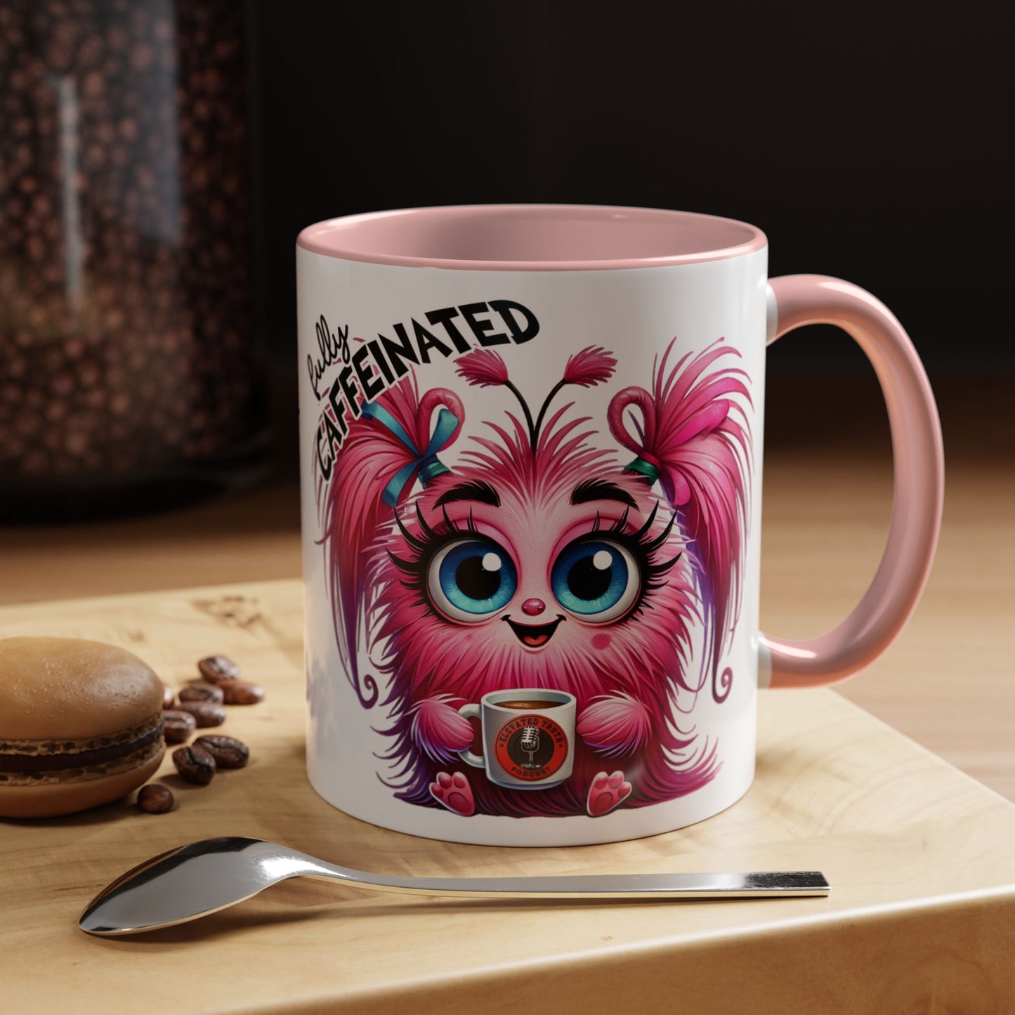 Accent Coffee Mug — "Scary Before Coffee, Extra Sparkly Cute After Coffee" Cute Girl Monster Coffee Mug (Girlfriend Gift)