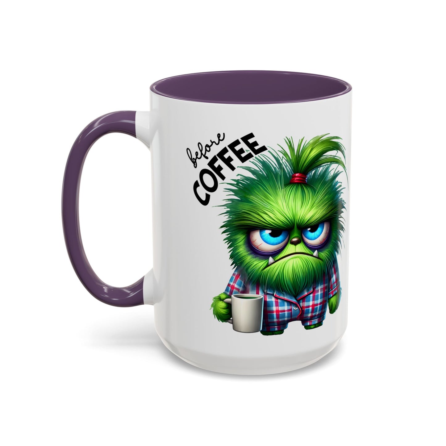 Accent Coffee Mug — "Scary Before Coffee, Extra Sparkly Cute After Coffee" Cute Girl Monster Coffee Mug (Girlfriend Gift)