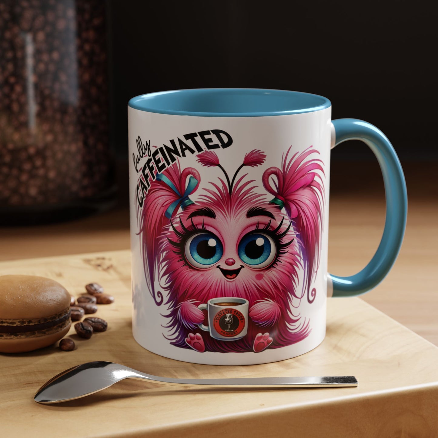 Accent Coffee Mug — "Scary Before Coffee, Extra Sparkly Cute After Coffee" Cute Girl Monster Coffee Mug (Girlfriend Gift)
