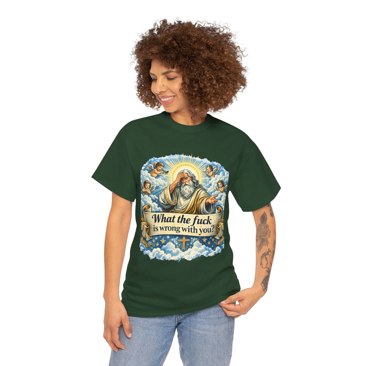 Religious Parody Tee — "What the fuck is wrong with you?" Graphic T-Shirt