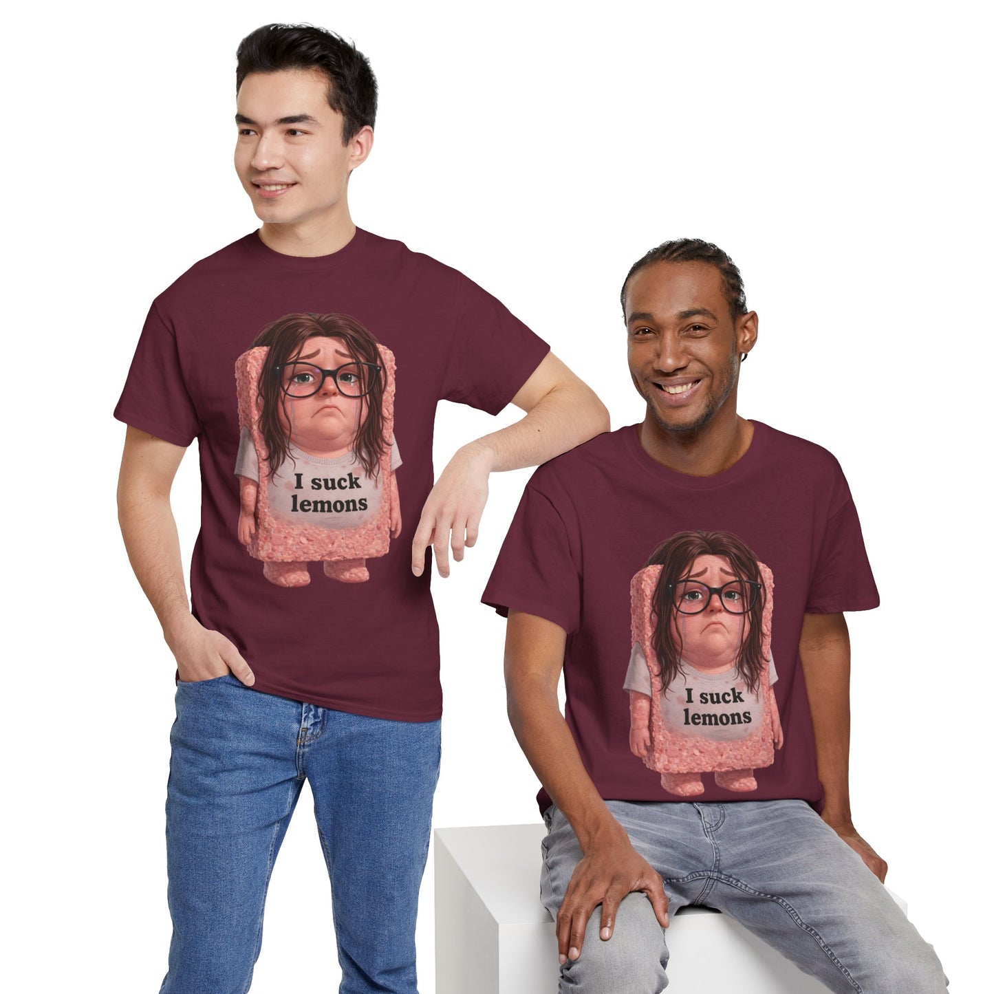 Graphic Tee — Cute Sad SPAM  Character with 'I suck lemons' Slogan
