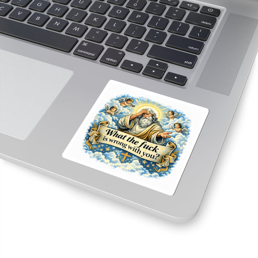 Religious Humor Kiss-Cut Sticker — Colorful Angel & 'God with a Sense of Humor' Design
