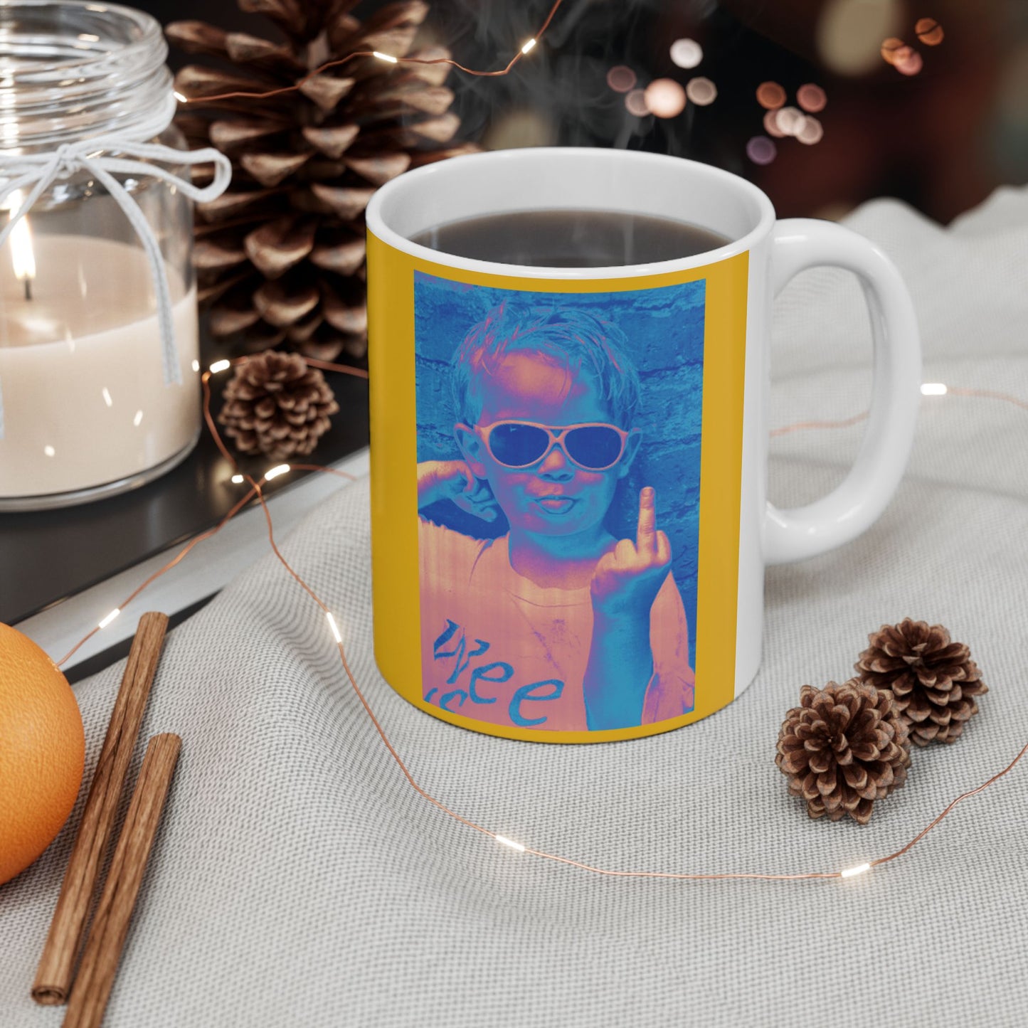 Bold Kid Photo Mug — Retro Neon Portrait Ceramic Coffee Cup (11oz/15oz)