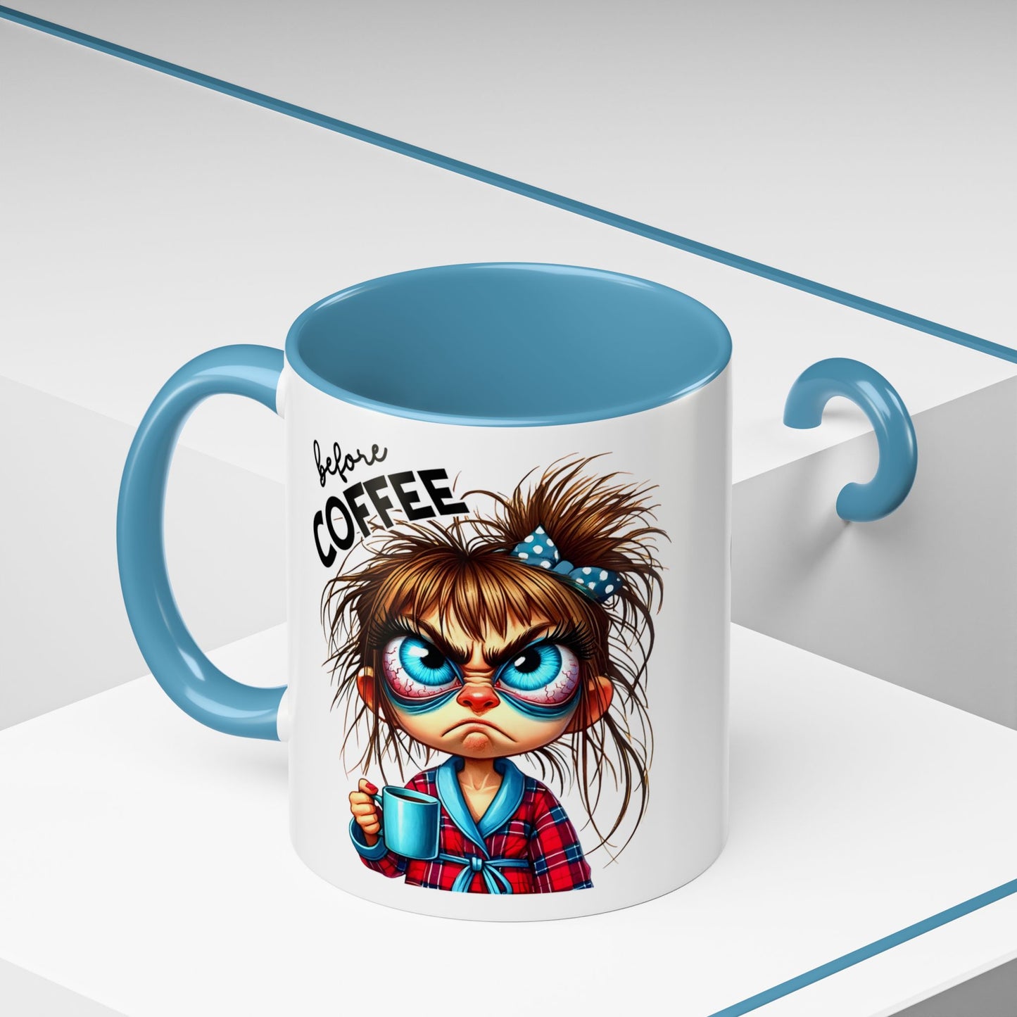 Funny Brown-Haired Girl Coffee Mug — "Messy Before Coffee, Fabulous After Coffee"