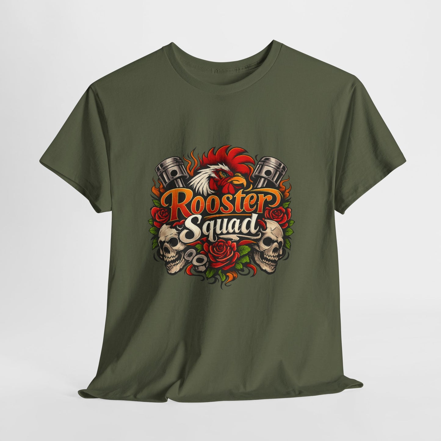 Rooster Squad Graphic Tee — Retro Skull & Pistons Vintage Motorcycle Shirt