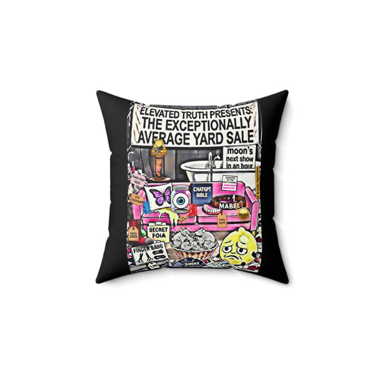 Funny Graphic Throw Pillow — "The Exceptionally Average Yard Sale" & Bold Red ET Logo