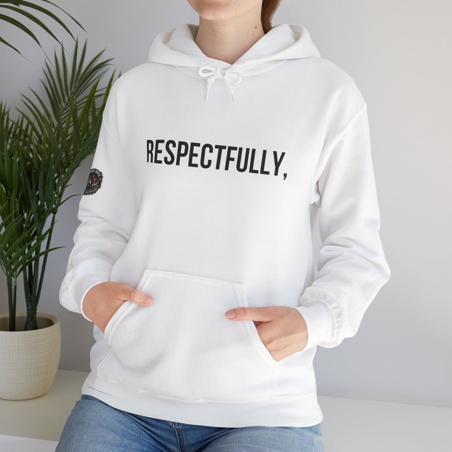 RESPECTFULLY, Hoodie — Minimalist White Pullover with 'RESPECTFULLY' Chest Print