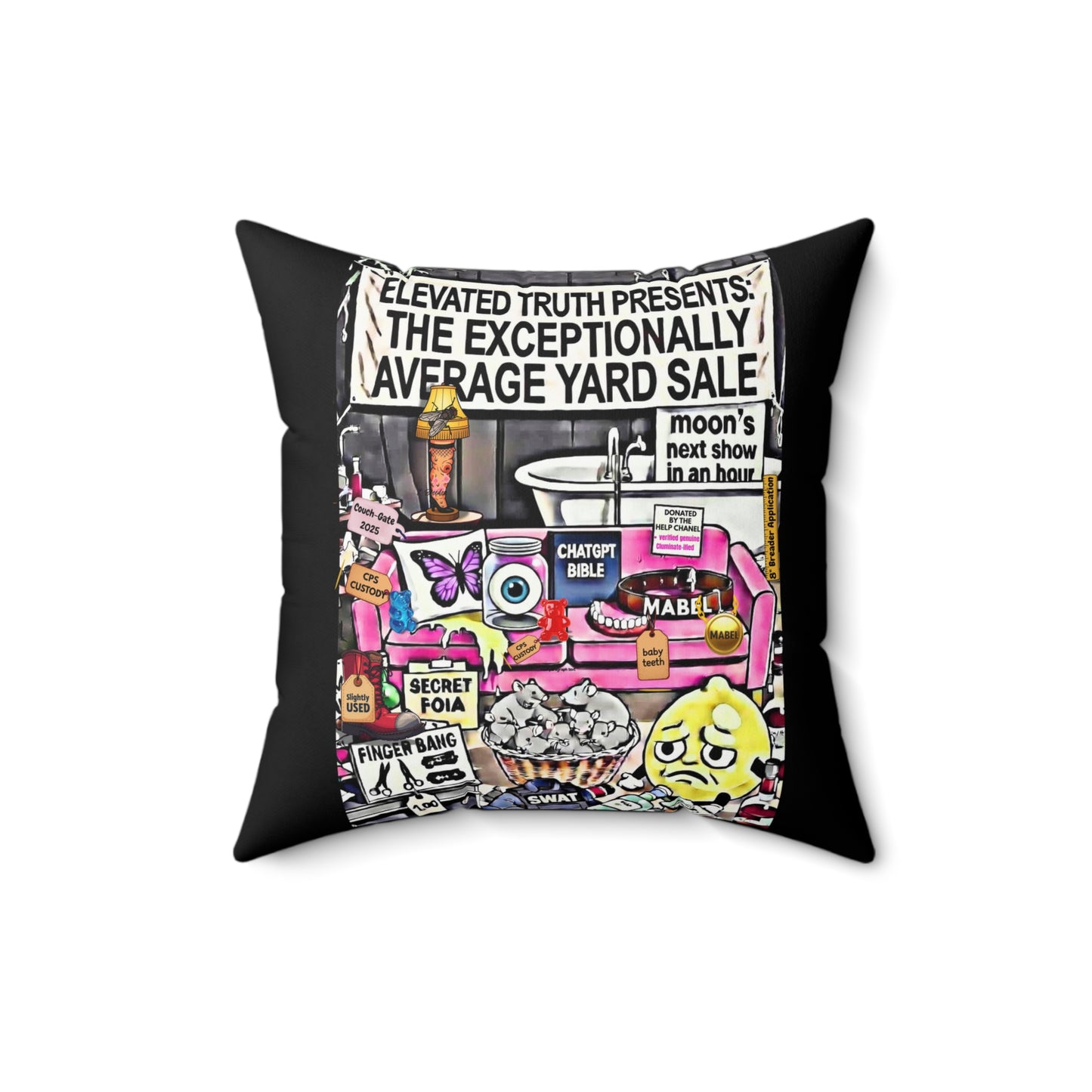 Funny Graphic Throw Pillow — "The Exceptionally Average Yard Sale" & Bold Red ET Logo
