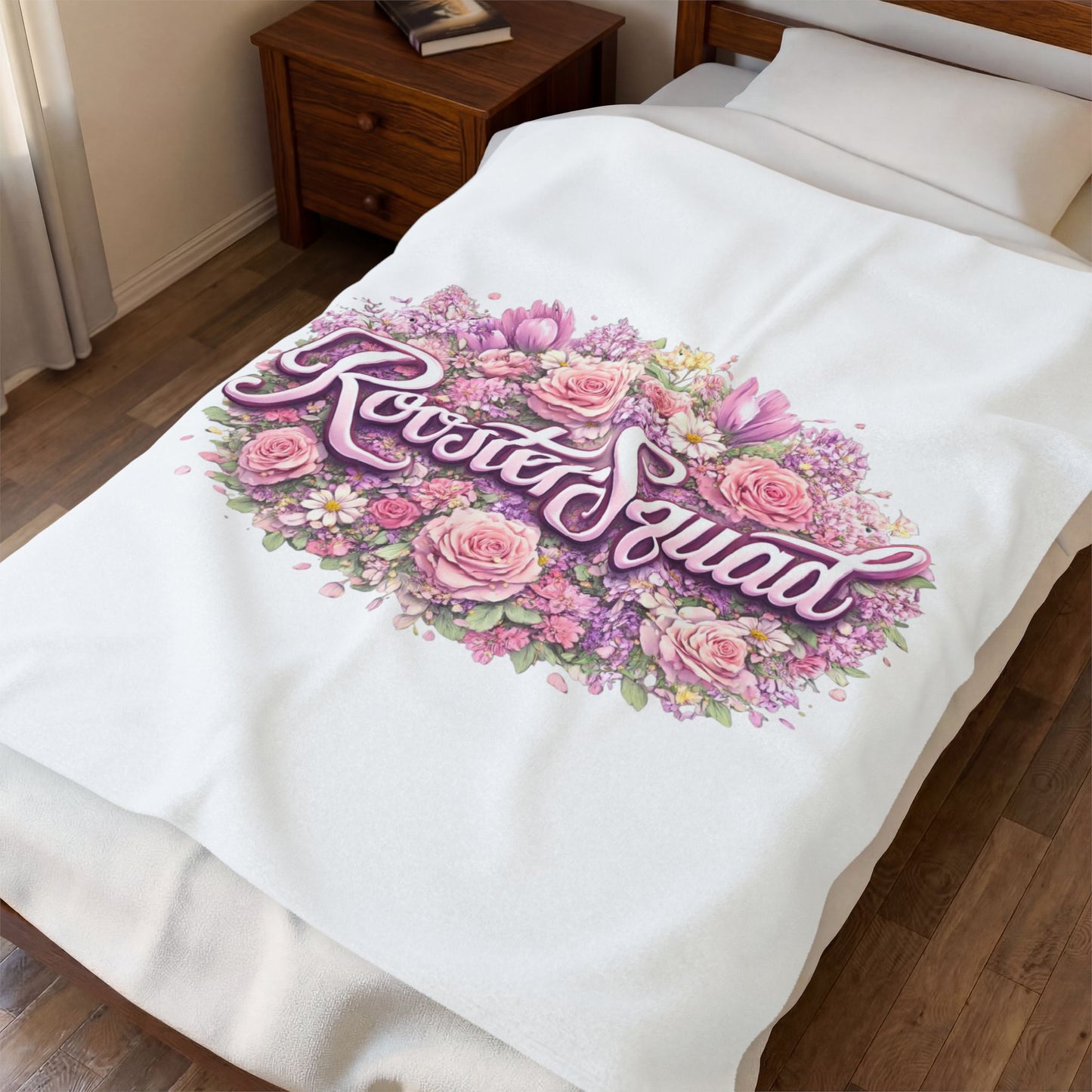 Rooster Squad Pink Floral Bouquet Velveteen Plush Blanket