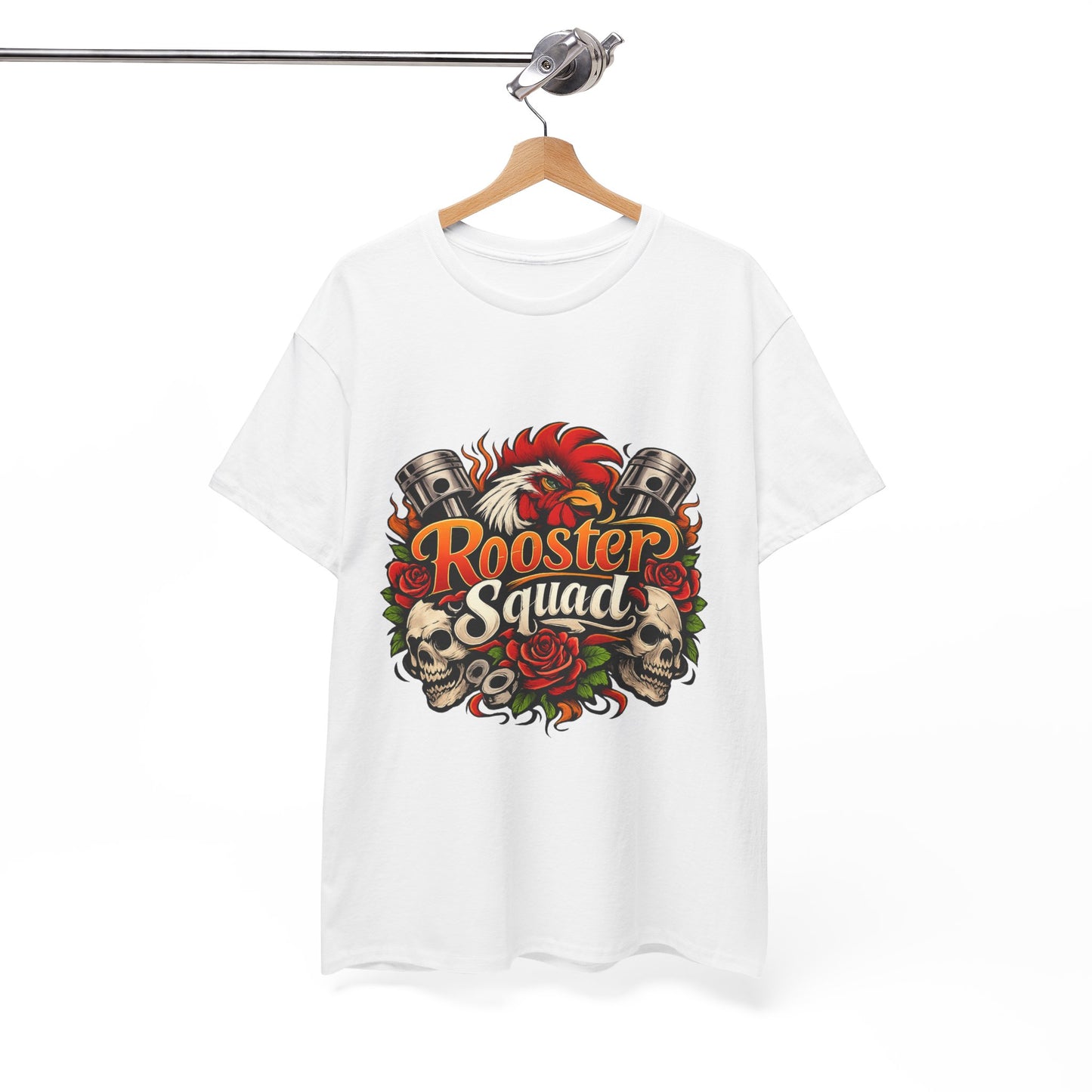 Rooster Squad Graphic Tee — Retro Skull & Pistons Vintage Motorcycle Shirt