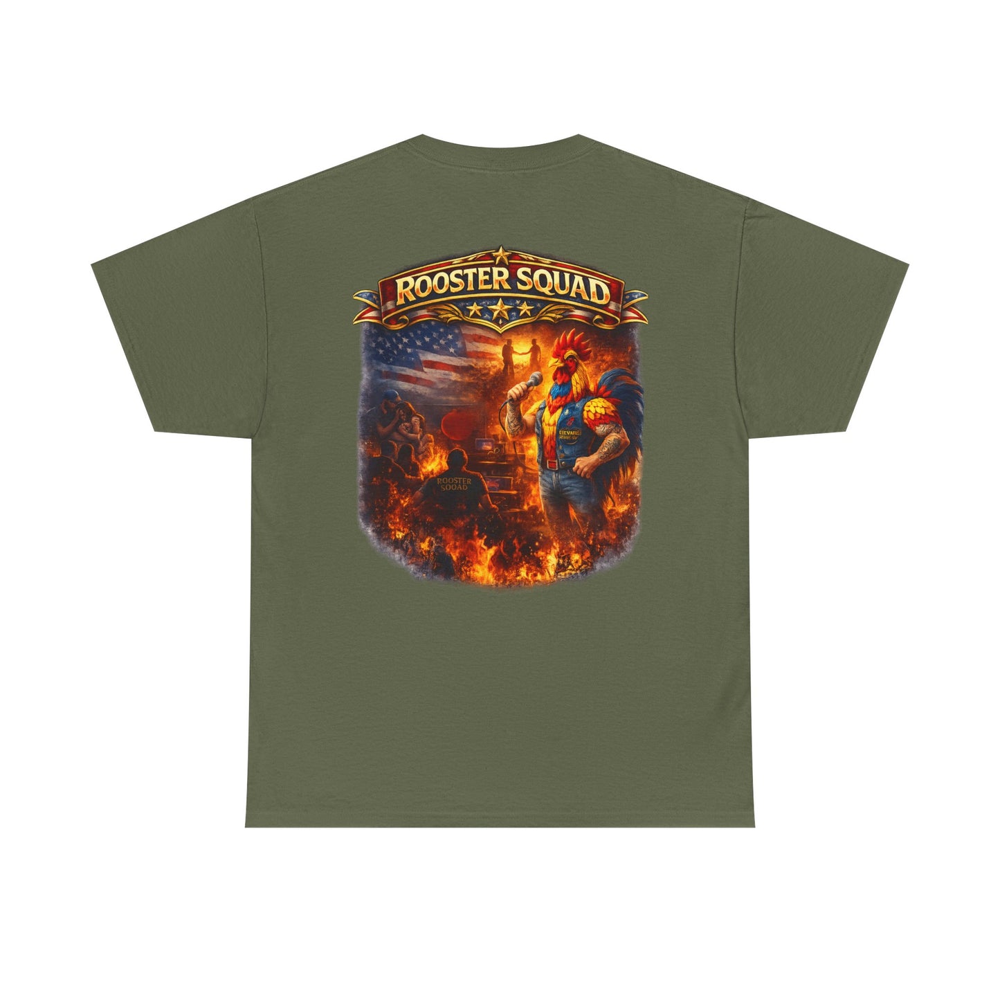 Rooster Squad Graphic Tee — Vintage Firefighter-Style Back Print