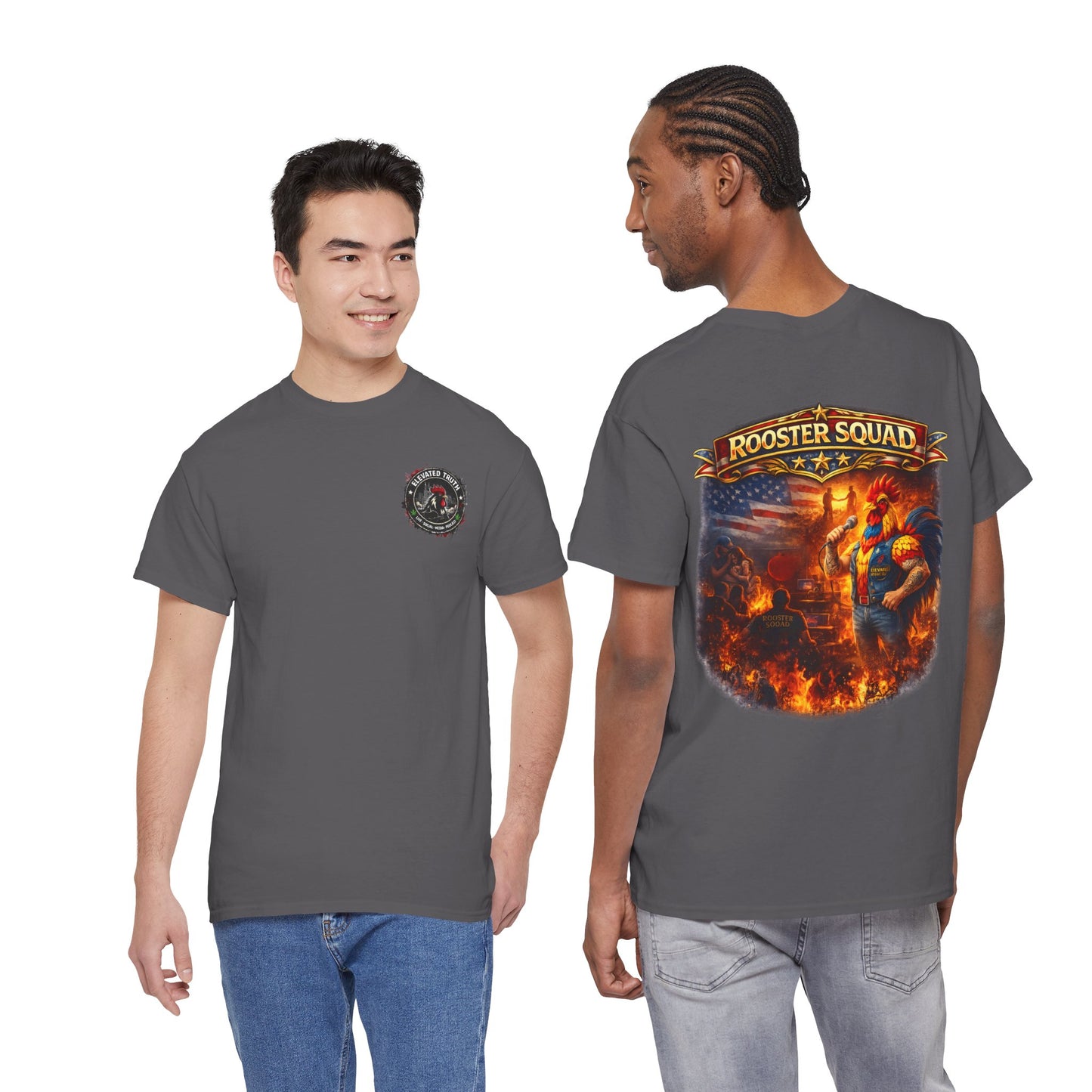 Rooster Squad Graphic Tee — Vintage Firefighter-Style Back Print