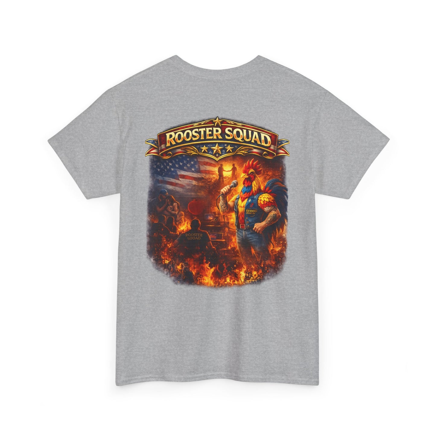 Rooster Squad Graphic Tee — Vintage Firefighter-Style Back Print