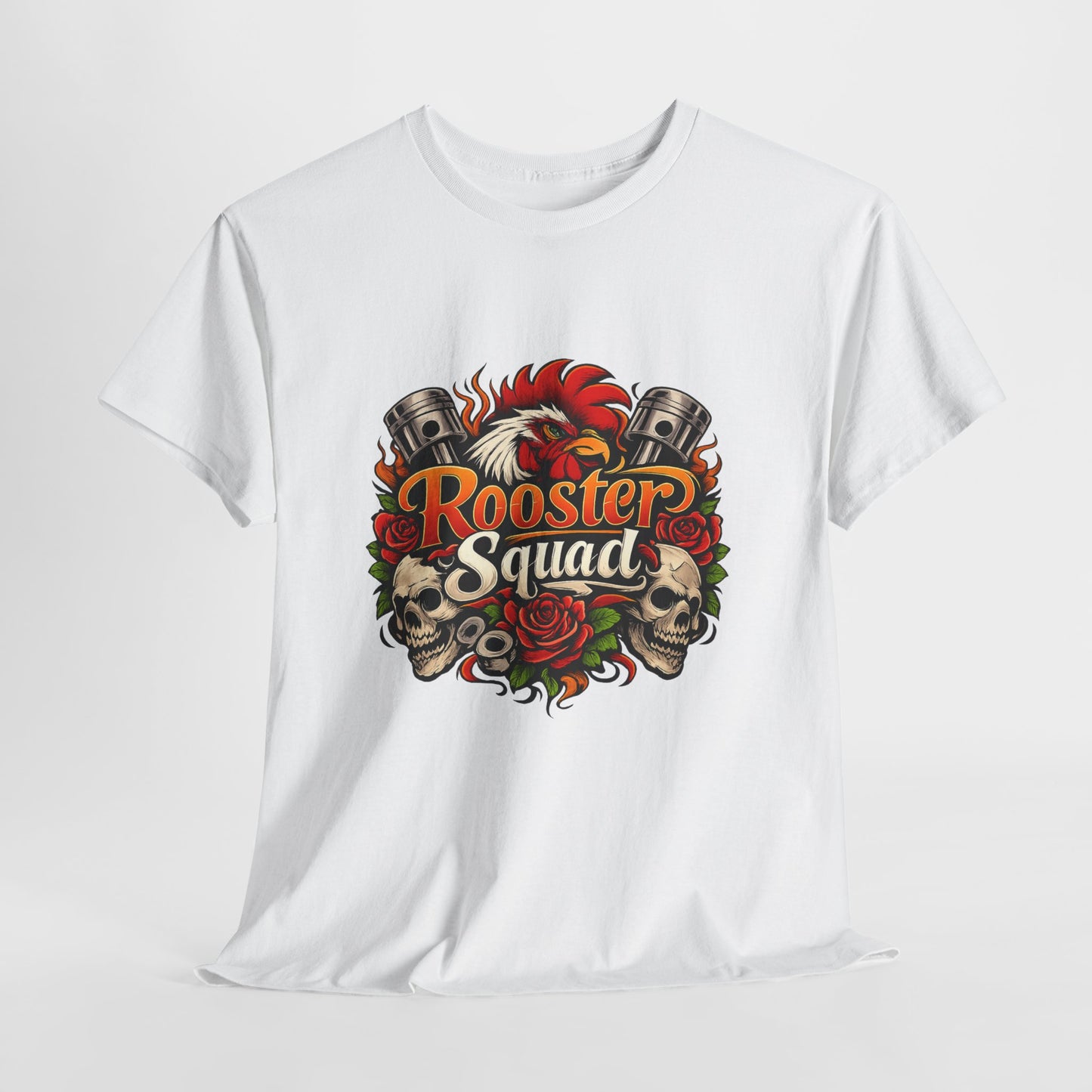 Rooster Squad Graphic Tee — Retro Skull & Pistons Vintage Motorcycle Shirt