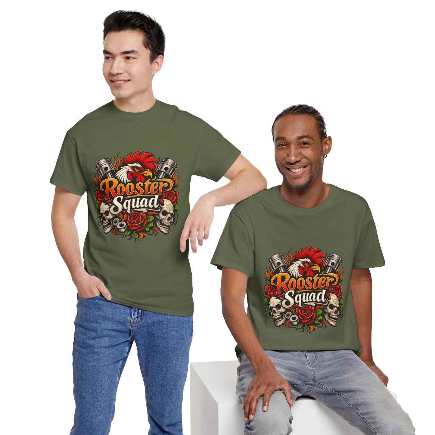 Rooster Squad Graphic Tee — Retro Skull & Pistons Vintage Motorcycle Shirt