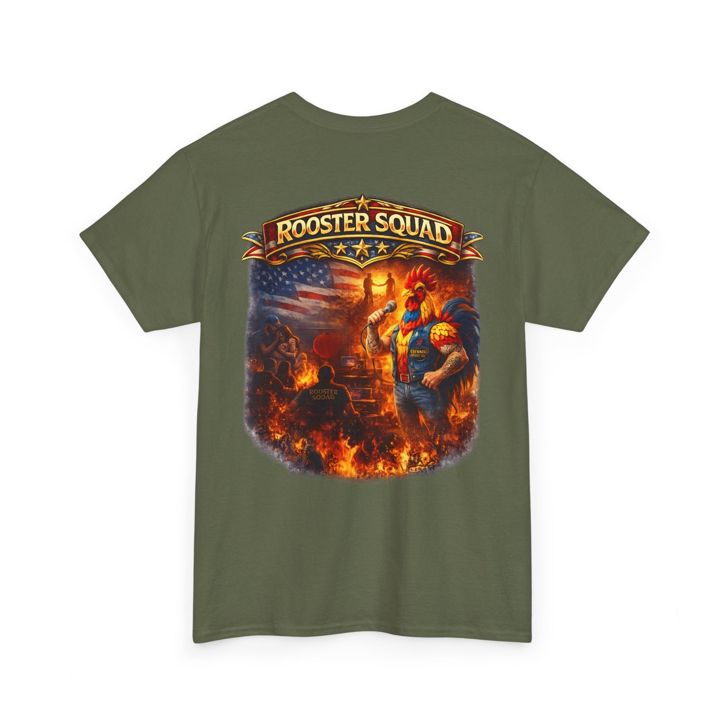 Rooster Squad Graphic Tee — Vintage Firefighter-Style Back Print