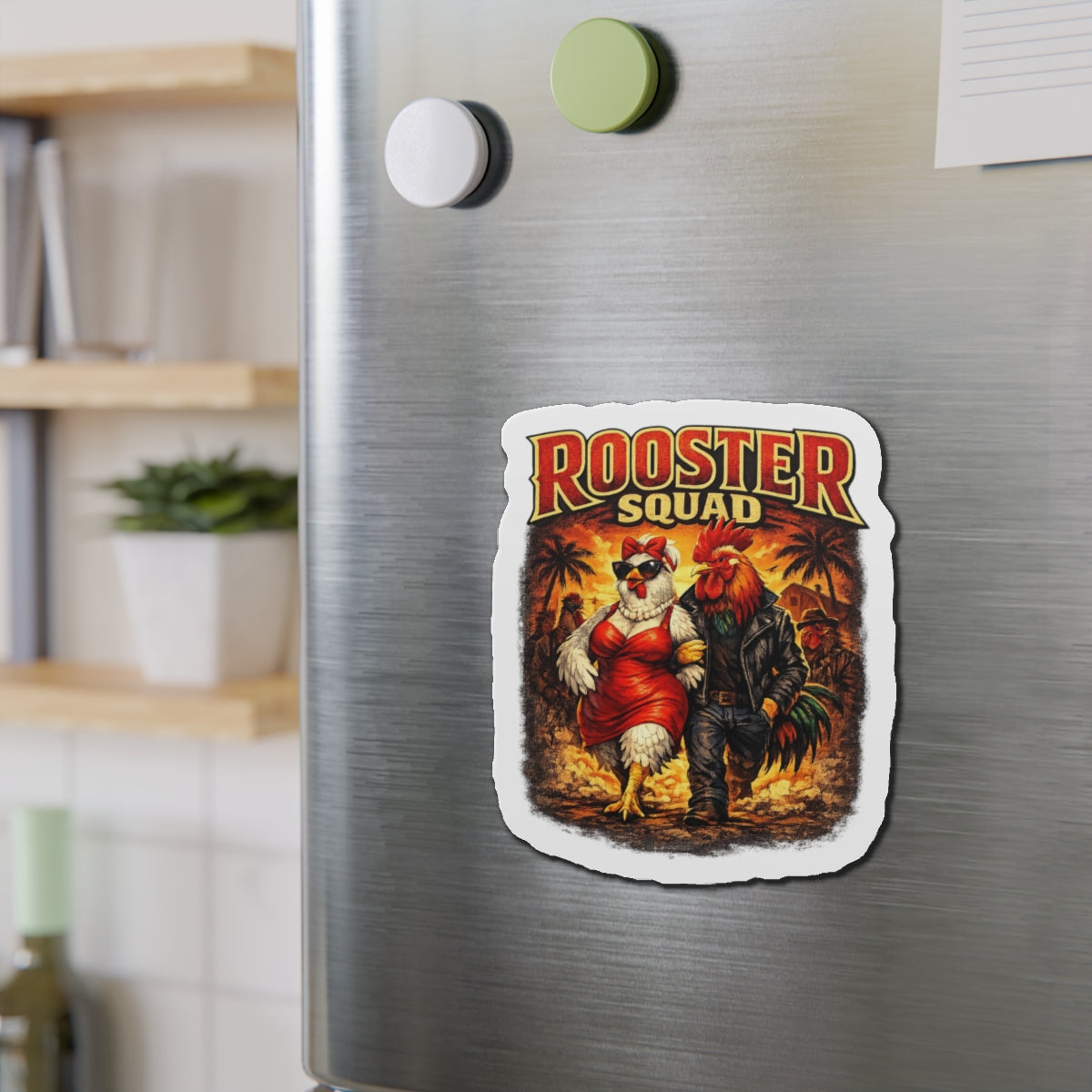 Rooster Squad Die-Cut Magnet — Retro Rockabilly Chicken Couple Refrigerator Sticker