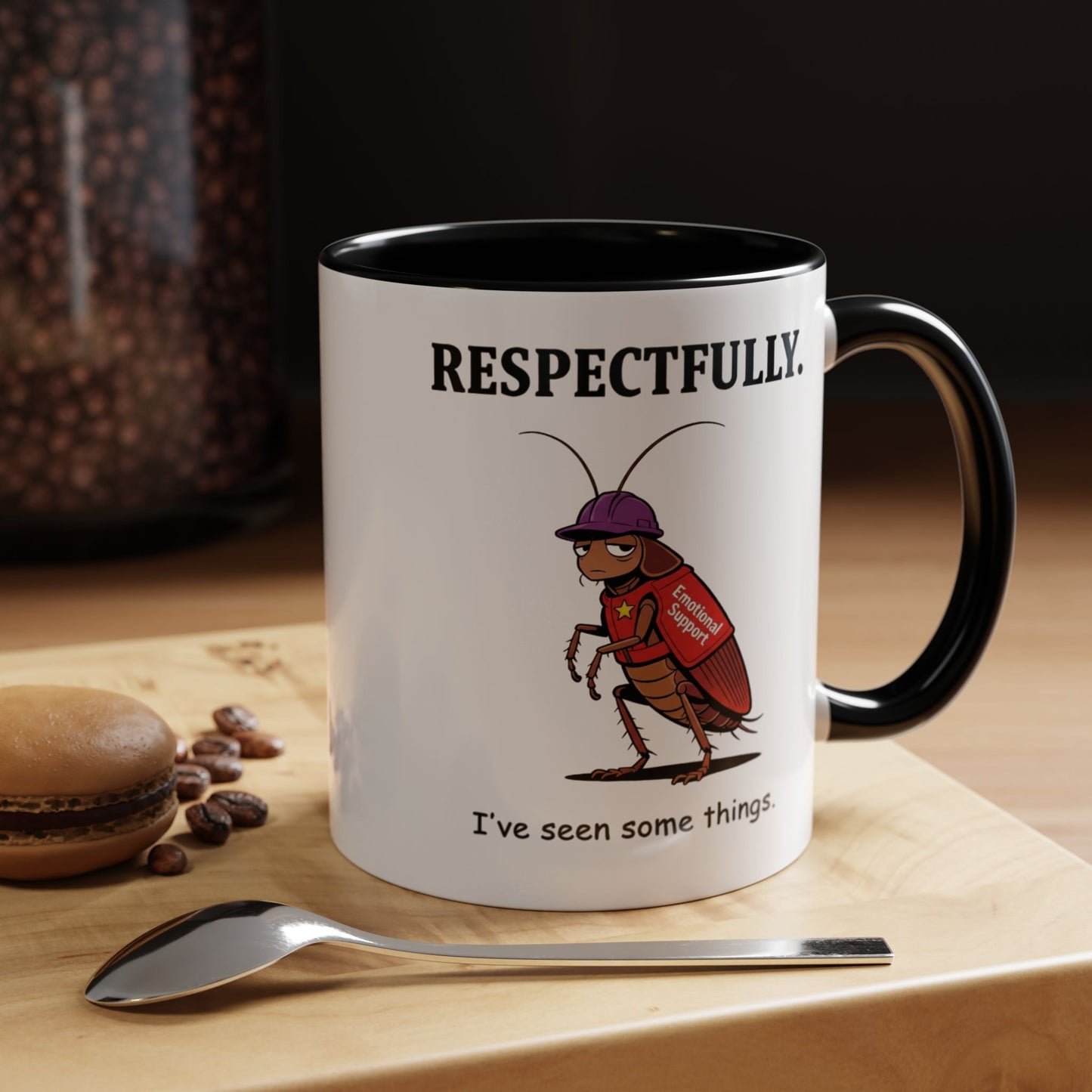 Respectfully Coffee Mug — Funny 'I've Seen Some Things' Cockroach Cartoon Accent Mug (11/15oz)