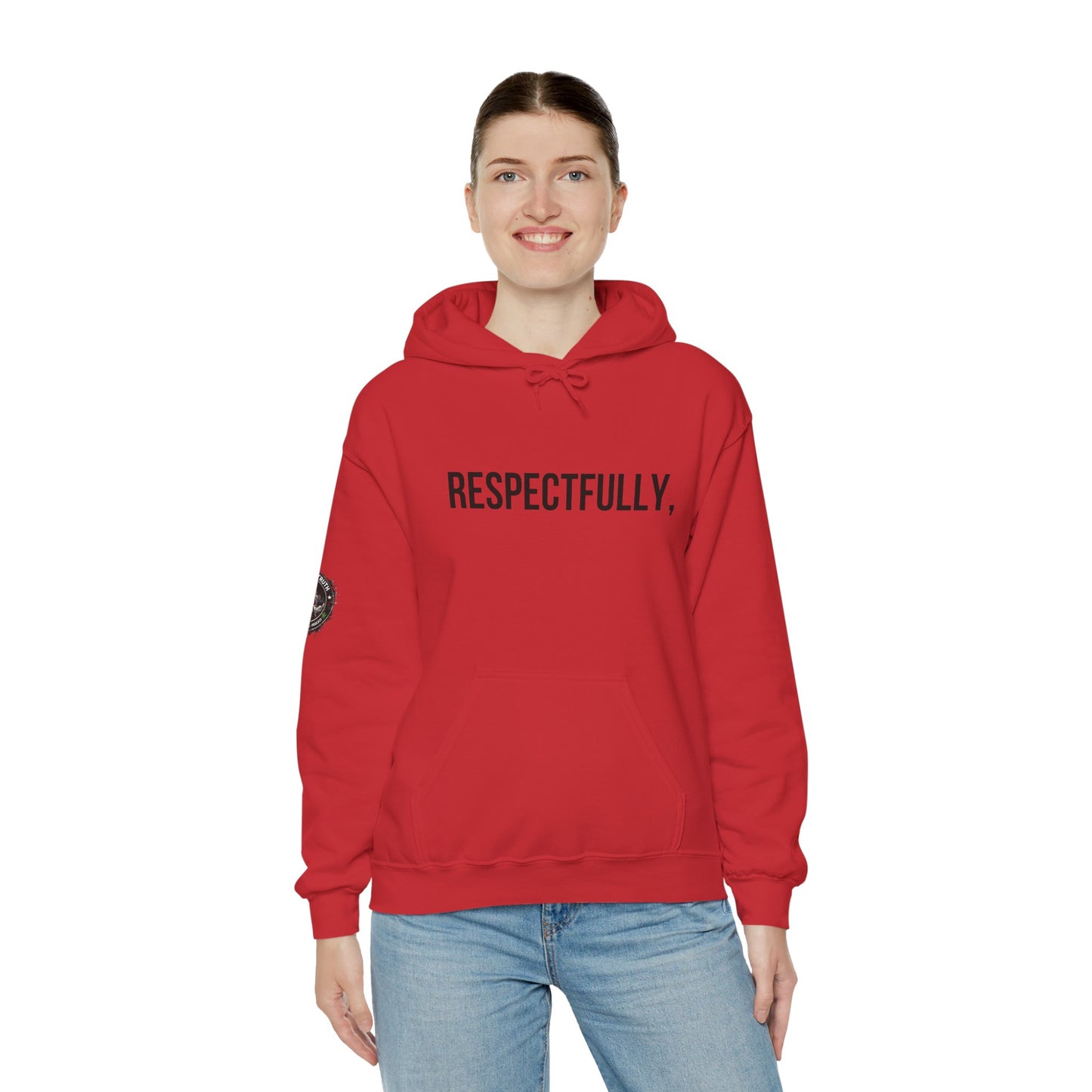 RESPECTFULLY, Hoodie — Minimalist White Pullover with 'RESPECTFULLY' Chest Print
