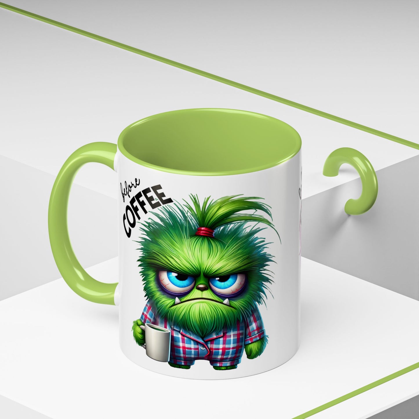 Accent Coffee Mug — "Scary Before Coffee, Extra Sparkly Cute After Coffee" Cute Girl Monster Coffee Mug (Girlfriend Gift)