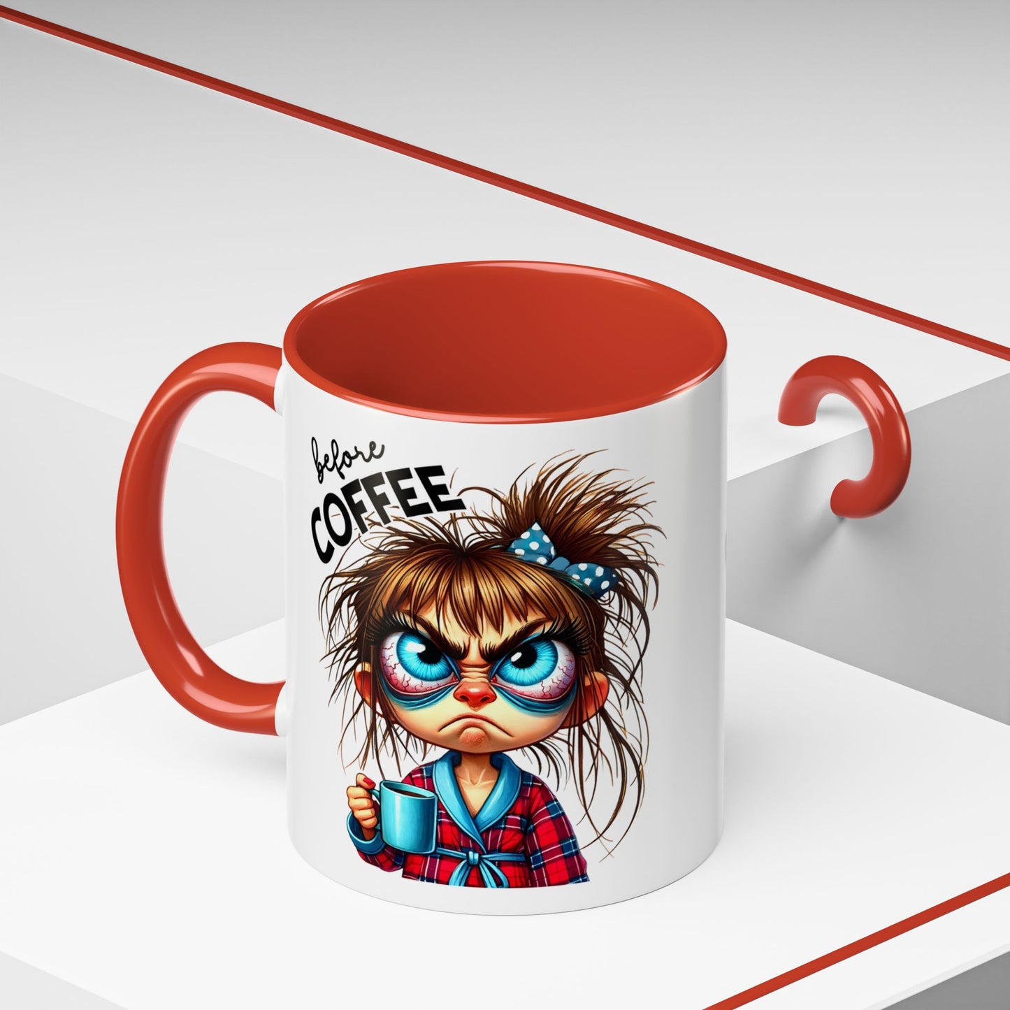 Funny Brown-Haired Girl Coffee Mug — "Messy Before Coffee, Fabulous After Coffee"