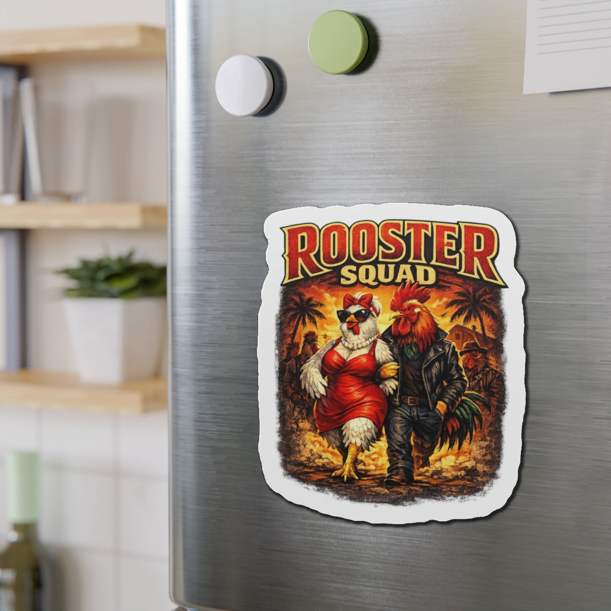 Rooster Squad Die-Cut Magnet — Retro Rockabilly Chicken Couple Refrigerator Sticker