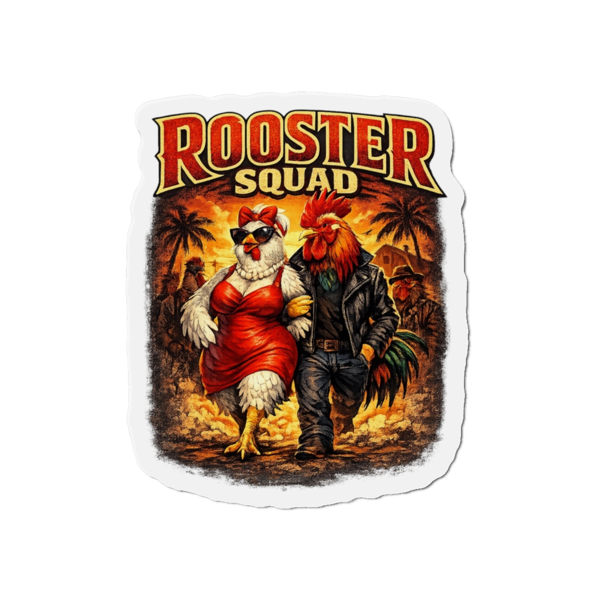 Rooster Squad Die-Cut Magnet — Retro Rockabilly Chicken Couple Refrigerator Sticker