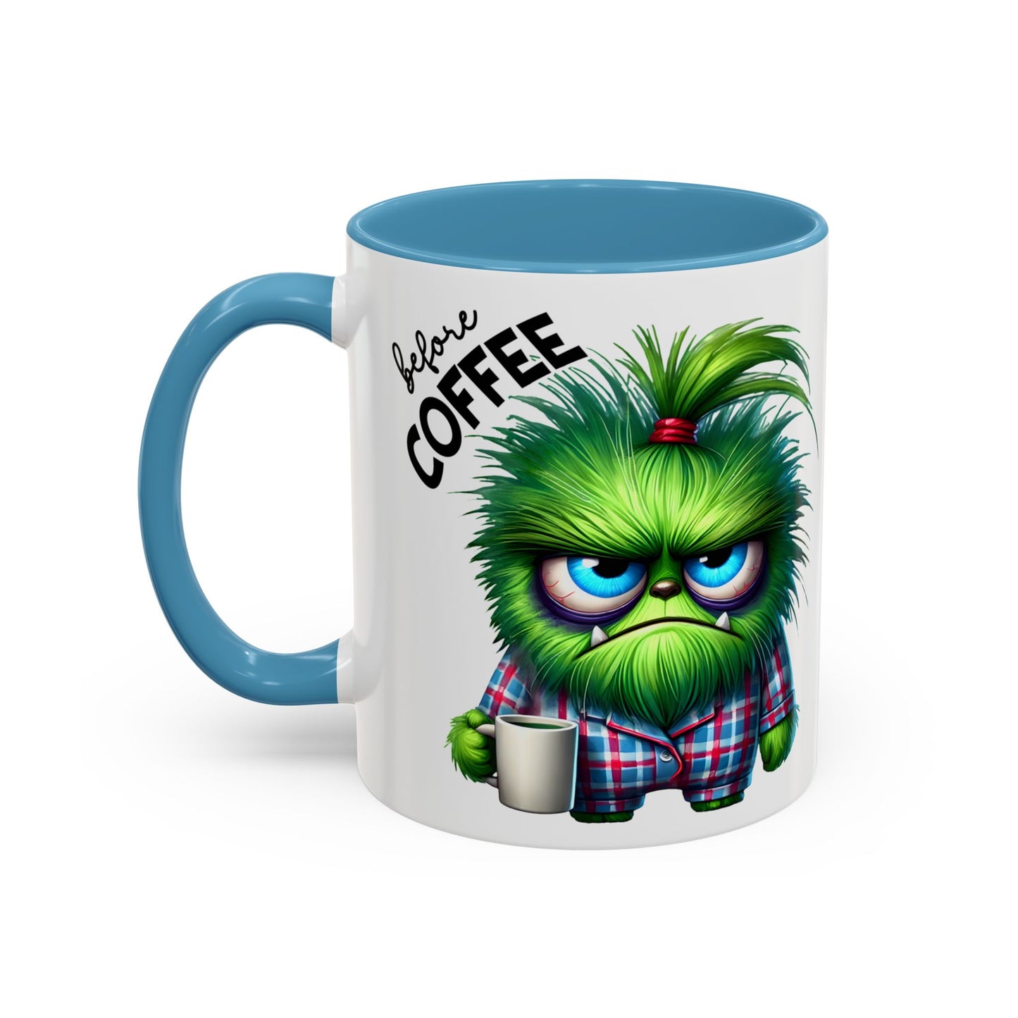 Accent Coffee Mug — "Scary Before Coffee, Extra Sparkly Cute After Coffee" Cute Girl Monster Coffee Mug (Girlfriend Gift)