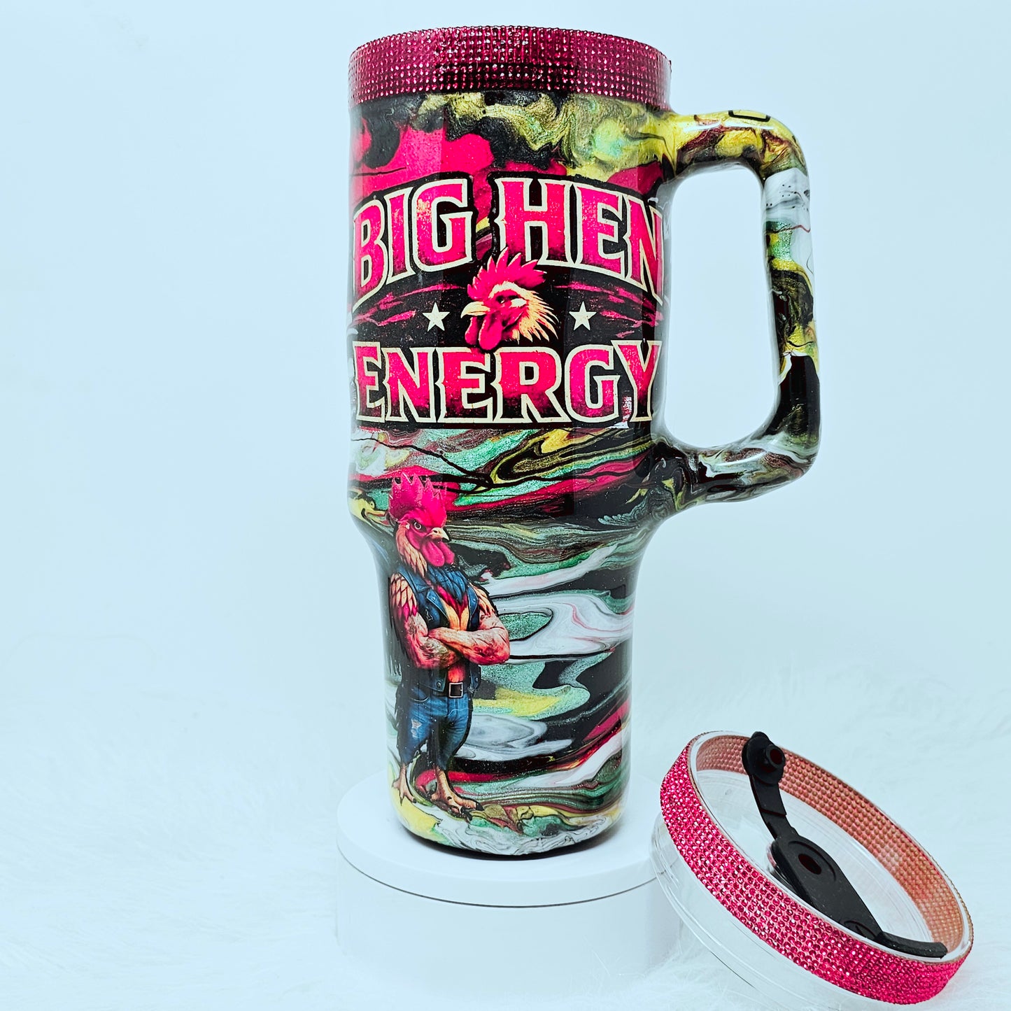 Big Hen Energy 40oz Stanley Style Tumbler – Rhinestone Lid & Cup | Handmade Rooster Tumbler | Funny Chicken Cup | Resin Swirl Travel Mug