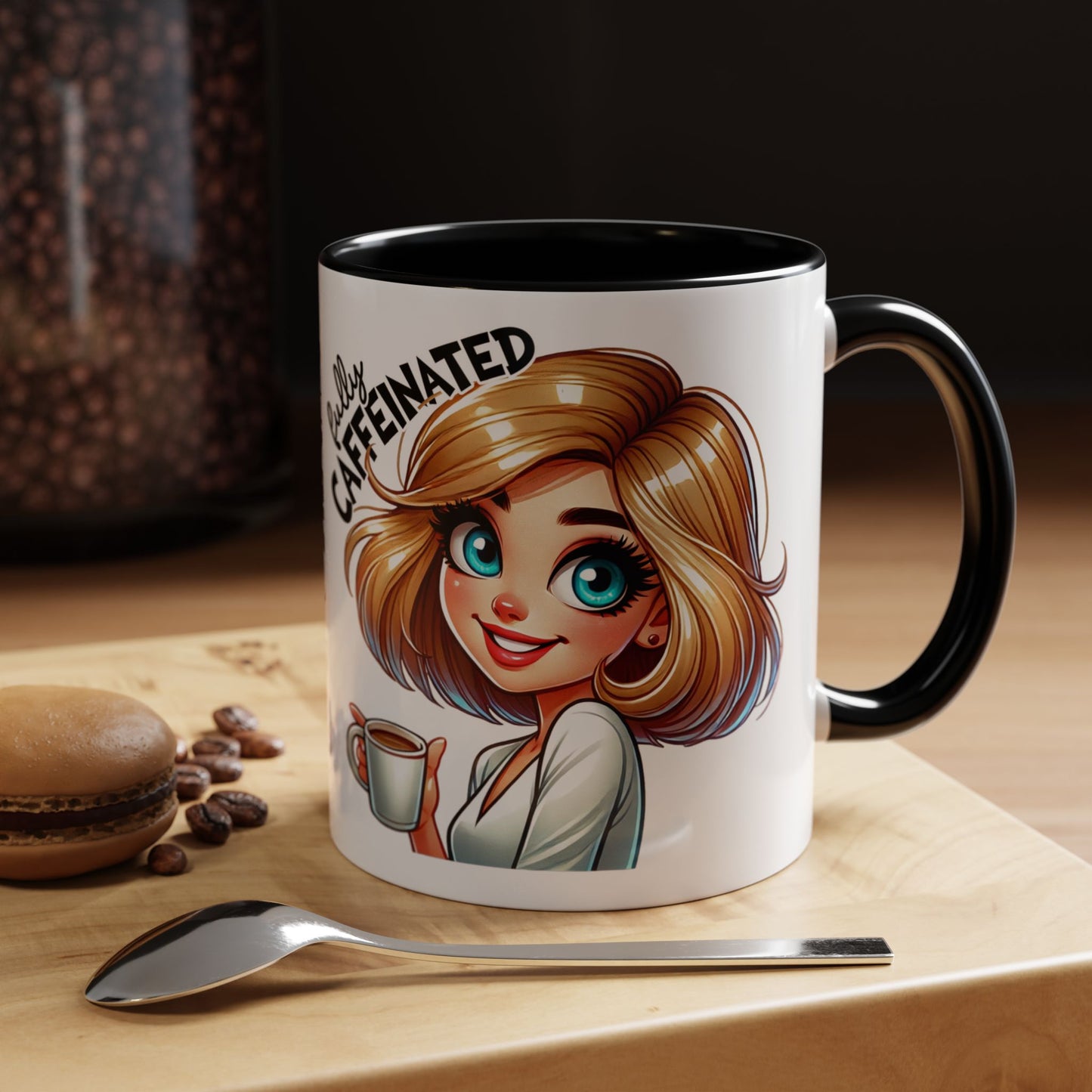 Accent Coffee Mug — Cute Blonde 'Fully Caffeinated' Coffee Lover Gift (11/15 oz)