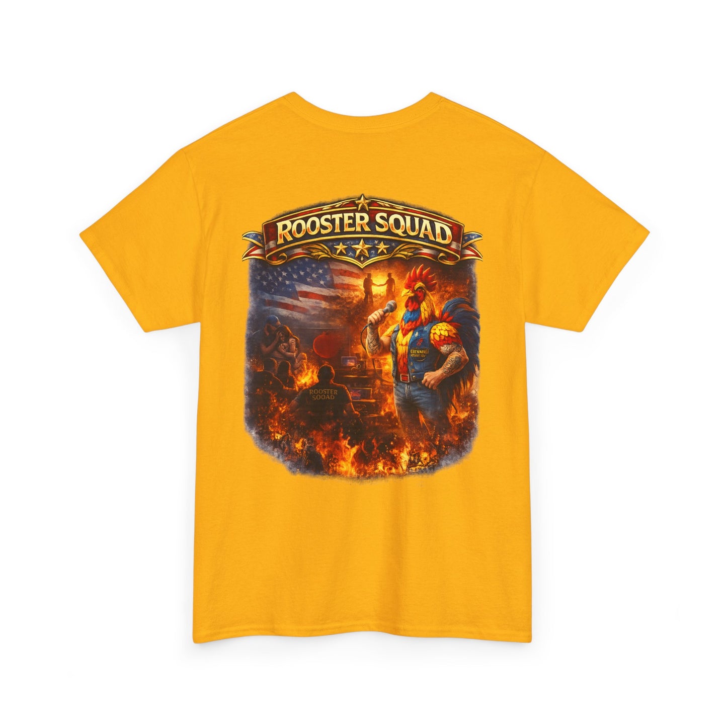 Rooster Squad Graphic Tee — Vintage Firefighter-Style Back Print