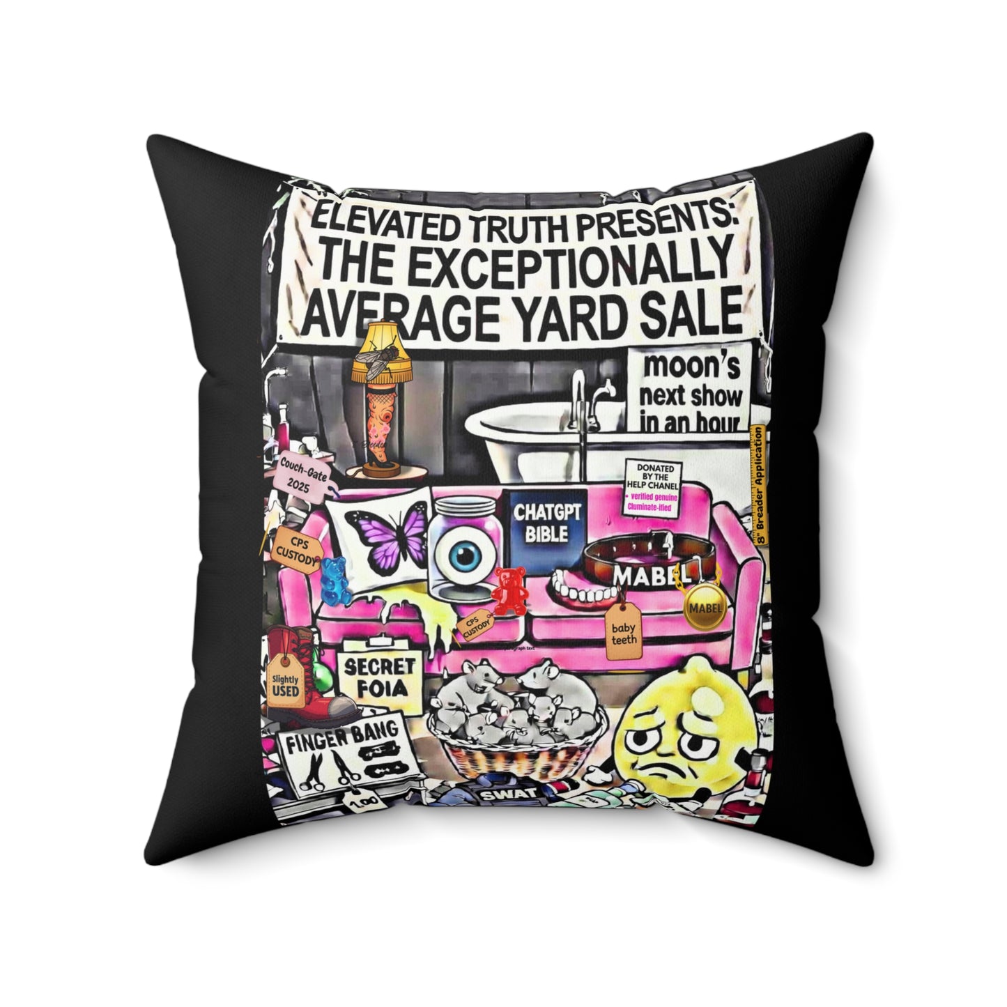 Funny Graphic Throw Pillow — "The Exceptionally Average Yard Sale" & Bold Red ET Logo