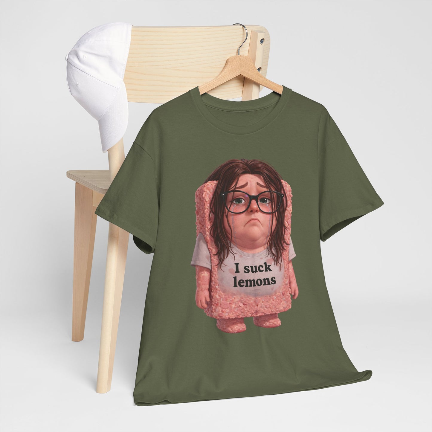 Graphic Tee — Cute Sad SPAM  Character with 'I suck lemons' Slogan