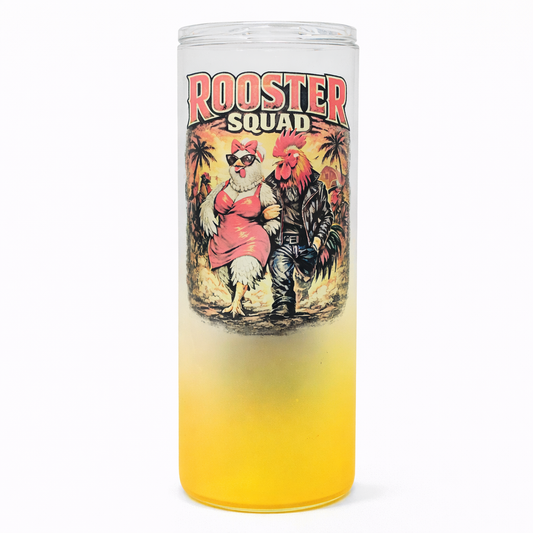 Rooster Squad 20oz Frosted Glass Tumbler – Funny Chicken Couple Cup – Includes Bamboo Lid & Slide Lid