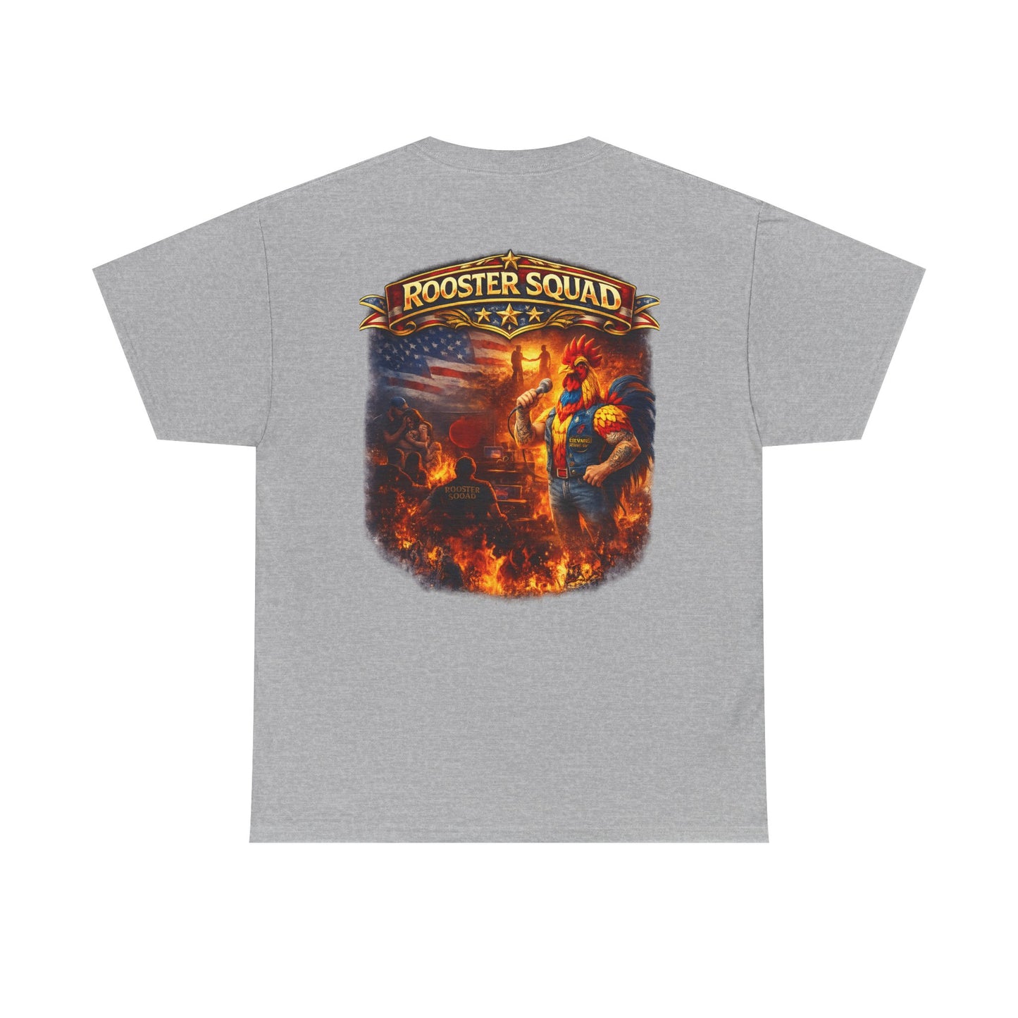 Rooster Squad Graphic Tee — Vintage Firefighter-Style Back Print