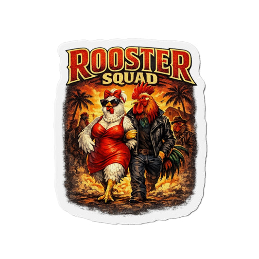 Rooster Squad Die-Cut Magnet — Retro Rockabilly Chicken Couple Refrigerator Sticker